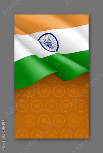 Indian patriotic festive background with tricolor. Realistic waving indian flag on orange background. India republic day card with empty space. Independence, democracy and freedom vector concept.