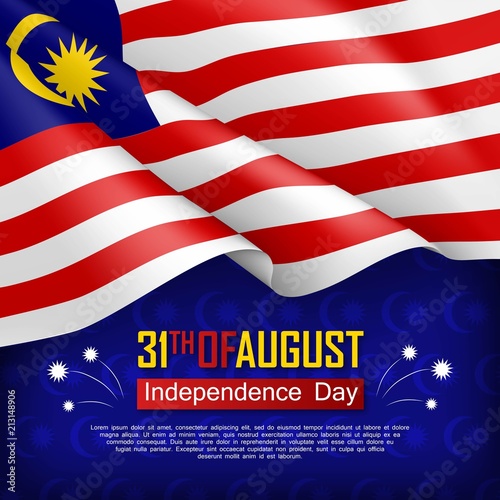 Festive illustration of Independence day of Malaysia. National traditional holiday celebrated on August 31. Background with realistic waving malaysian flag. Malaysian patriotic vector greeting card
