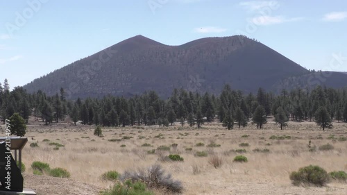 Arizona, Sunset Crater, A zoom in to Sunset Crater with trees, grass and bushes