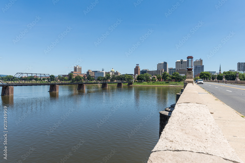 Skyline of Harrisburg Pennsylvania from City Island from accross the Susquehanna River