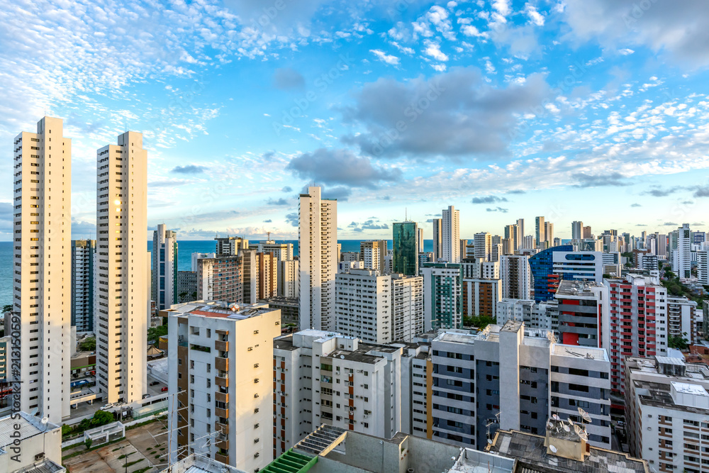 Naklejka premium Skyline Buildings in a Blue Sky day at Boa Viagem Beach, Recife, Pernambuco, Brazil