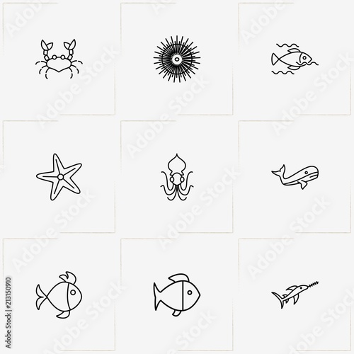 Undersea World line icon set with whale , swordfish  and crab