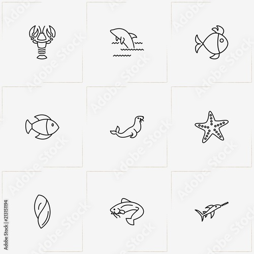 Undersea World line icon set with star fish , conch  and fish