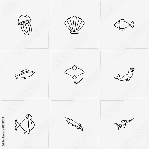 Undersea World line icon set with stingray , jellyfish  and swordfish