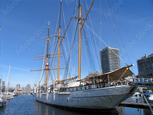 Tall masted sailing ship in the harbour, Ostend, West Flanders, Belgium