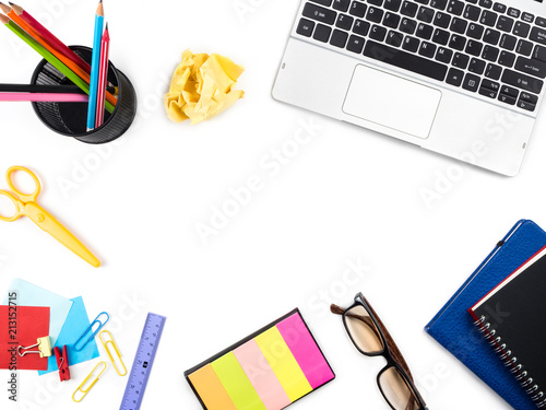 Minimal and Modern white desk and table office with laptop, notebook, glasses and other supplies, Top view with space for copy paste your  text, Concept Minimal and Modern background