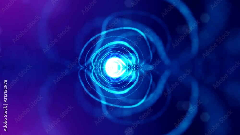 4k seamless animation with particles and depth of field, bokeh and light effects. Glowing particles form curves, surfaces, grid. Mysterious 3d virtual space with particles. Blue spherical structures 4