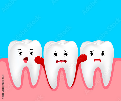 Cute cartoon tooth character with gum problem. Dental care concept, gingivitis and bleeding. Illustration on blue background.