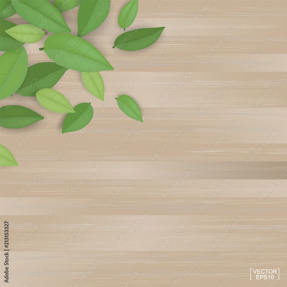 Abstract green leaves on brown wood texture background. Vector. Abstract green leaves on brown wood texture background. Vector.