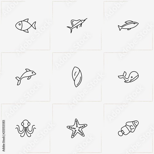 Undersea World line icon set with dolphin, star fish  and swordfish