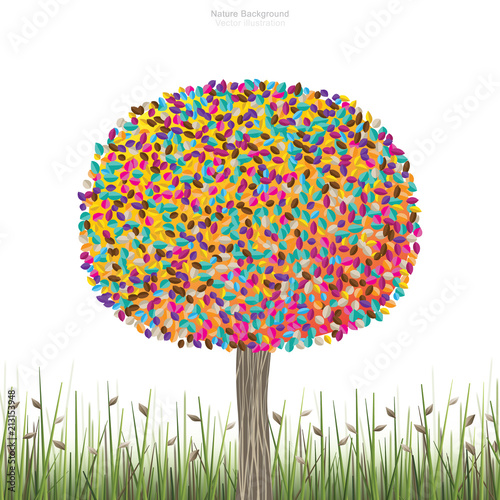 Abstract colorful of tree in green field area and white background. Vector.