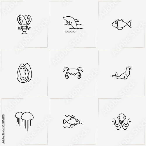 Undersea World line icon set with jellyfish , dolphin and crab