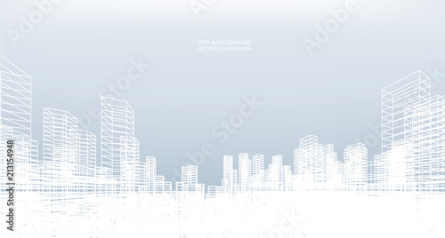 Abstract wireframe city background. Perspective 3D render of building wireframe. Vector.