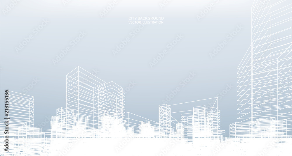 Abstract wireframe city background. Perspective 3D render of building wireframe. Vector. Abstract wireframe city background. Perspective 3D render of building wireframe. Vector.