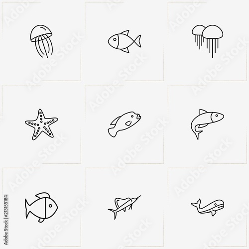 Undersea World line icon set with jellyfish , fish and swordfish