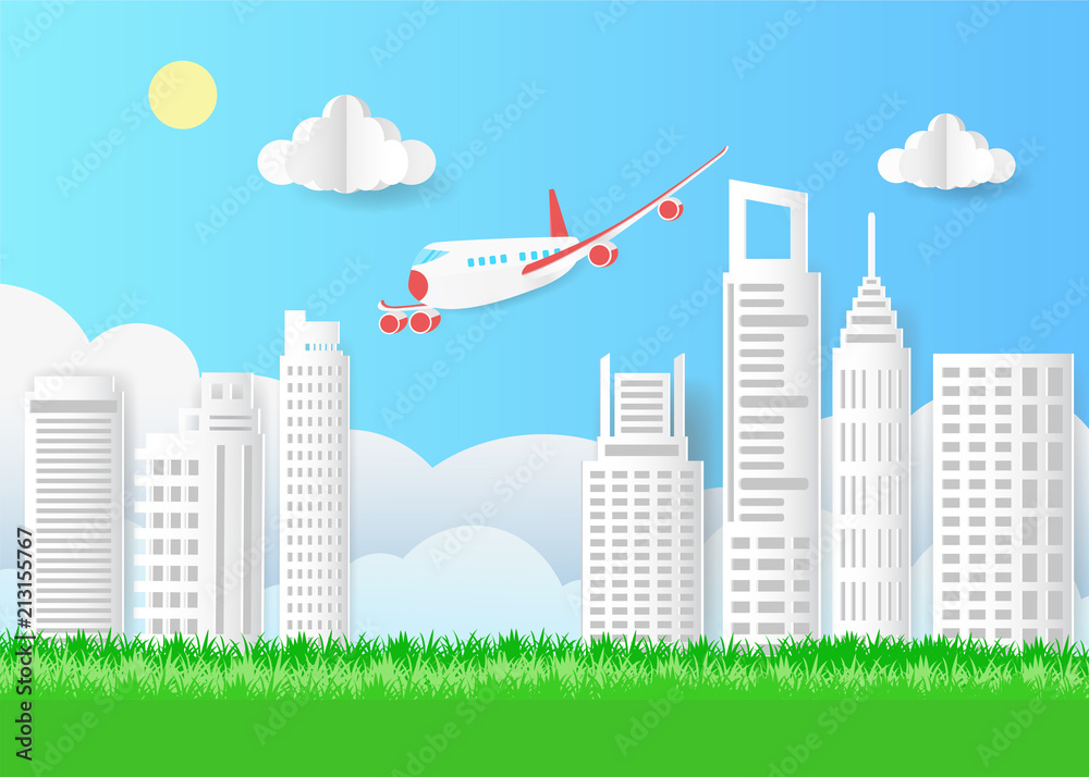 Paper art of air plane flying in sky with cloud on town city scape, Illustration idea art and paper craft style.