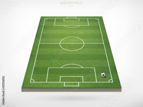 Soccer football ball in soccer field area and white background. Green grass of soccer field with pattern and texture in perspective views. Vector.