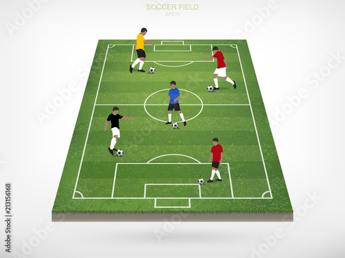 Soccer player and soccer football ball in area of soccer field with white background. Abstract action of outdoor sport for create soccer game. Vector.