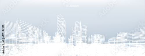 Abstract wireframe city background. Perspective 3D render of building wireframe. Vector.