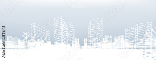 Abstract wireframe city background. Perspective 3D render of building wireframe. Vector.