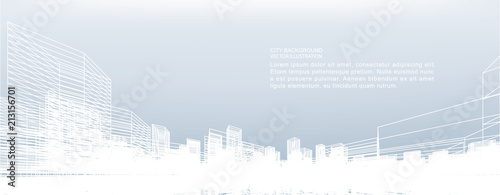 Abstract wireframe city background. Perspective 3D render of building wireframe. Vector.