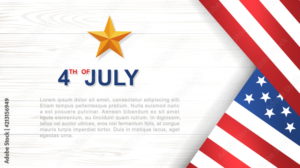 4th of July - Background for USA(United States of America) Independence Day with white wood pattern and texture and American flag. Background with area for copy space and text. Vector.