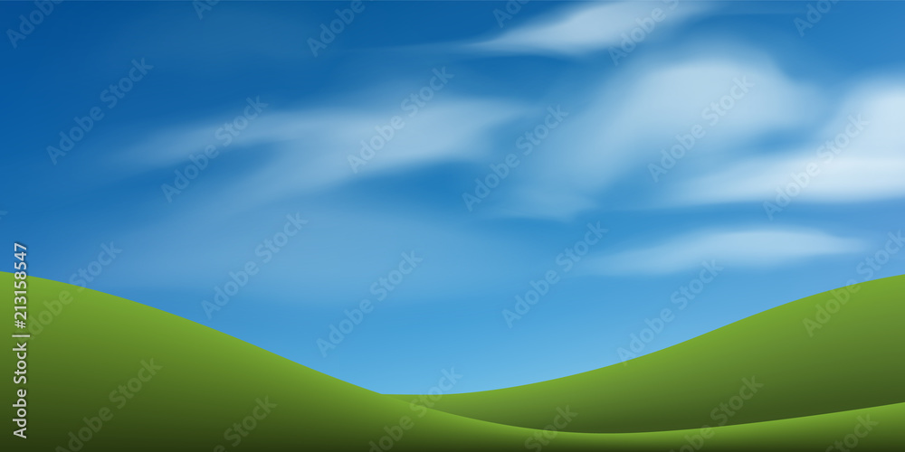 Green grass hill with blue sky. Abstract background park and outdoor for landscape idea. Use for natural article both on print and website. Vector.