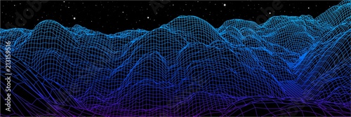 Digital landscape with mountains or hills made of line grid