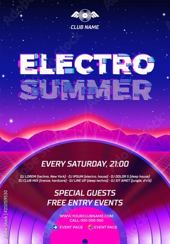 80s party poster with blue background and vinyl lp for Electro Sumer retro rave