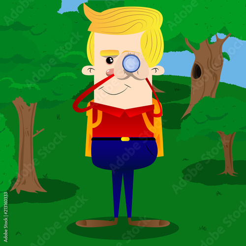 Schoolboy holding binoculars in his hands. Vector cartoon character illustration.