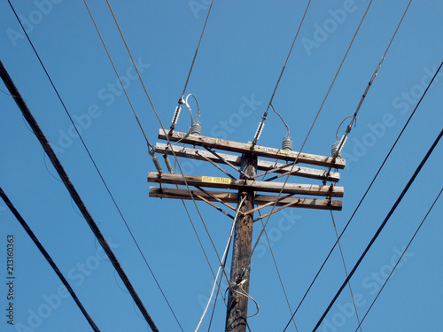High Voltage Power Lines intersect at a wooden power pole © Eric BVD
