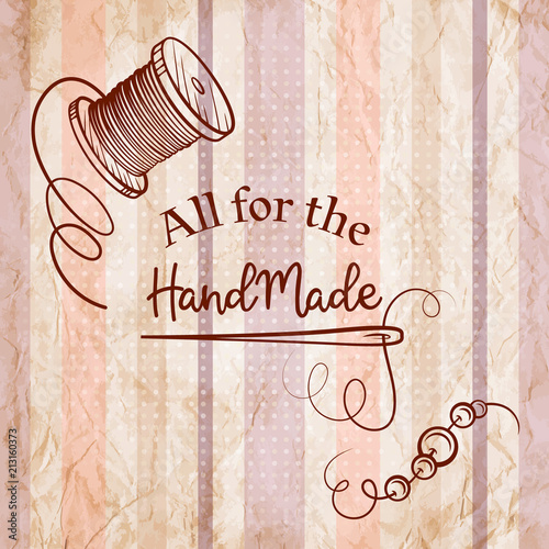 Vector card template with handmade tools on a grunge striped paper background. Vintage style.