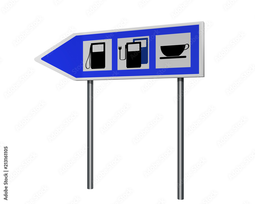 Autobahnschild mit Hinweisen für Tankstelle, Ladestation für Elektrofahrzeuge und cafe. 3d render Autobahnschild mit Hinweisen für Tankstelle, Ladestation für Elektrofahrzeuge und cafe. 3d render