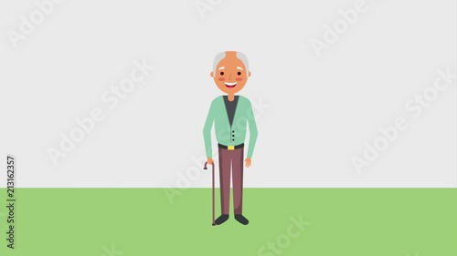 elderly bald man with walking stick animation hd