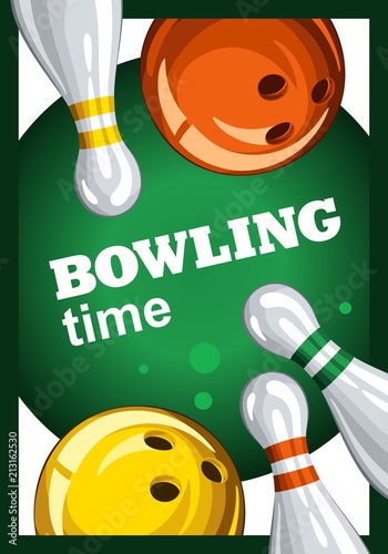Colorful poster for time bowling. Vector template poster with bowling skittles and colored bowling balls. Poster for ad, advertising, promotion, leaflet, flyer, postcards 2.1