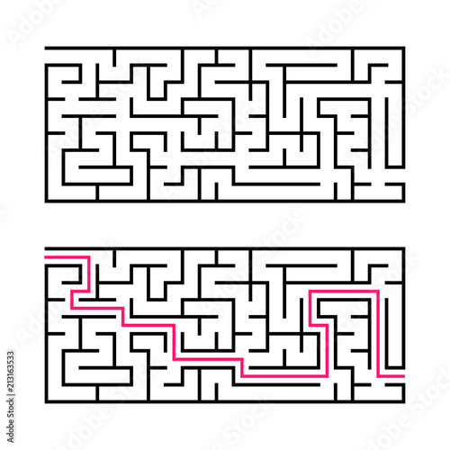 Rectangular labyrinth with a black stroke. A game for children. Simple flat vector illustration isolated on white background. With the answer.