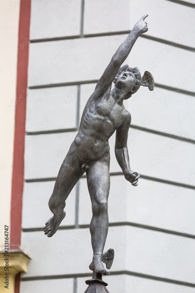 Statue in front of 14th century Artus Court on Long Market street, Gdansk, Poland