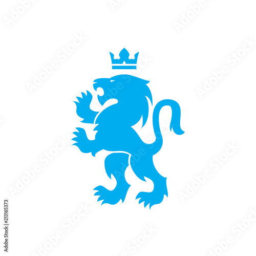 Lion and crown vector logo of blue lion roaring with raised paws in Swiss or Scandinavian or Bauhaus style design photo