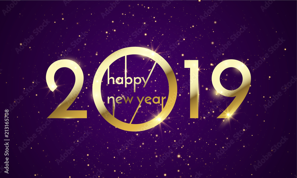 2019 Happy New Year of glitter gold. Vector golden glittering text and numbers with sparkle shine for holiday greeting card 2019 Happy New Year of glitter gold. Vector golden glittering text and numbers with sparkle shine for holiday greeting card