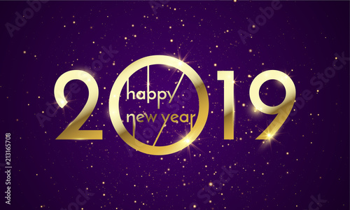 2019 Happy New Year of glitter gold. Vector golden glittering text and numbers with sparkle shine for holiday greeting card