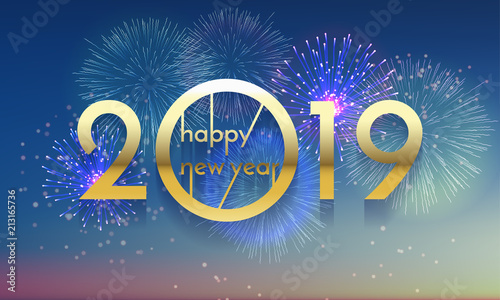 Happy New Year of glitter gold fireworks. Vector golden glittering text and 2019 numbers with sparkle shine for holiday greeting card