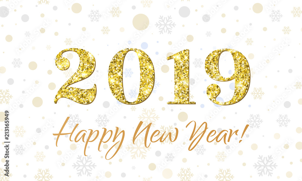 Happy New Year 2019 greeting card of vector glitter gold Christmas confetti on premium white background
