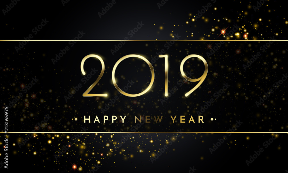 Happy New Year of glitter gold confetti. Vector golden glittering text and 2019 numbers with sparkle shine for Chirstams holiday greeting card on black background
