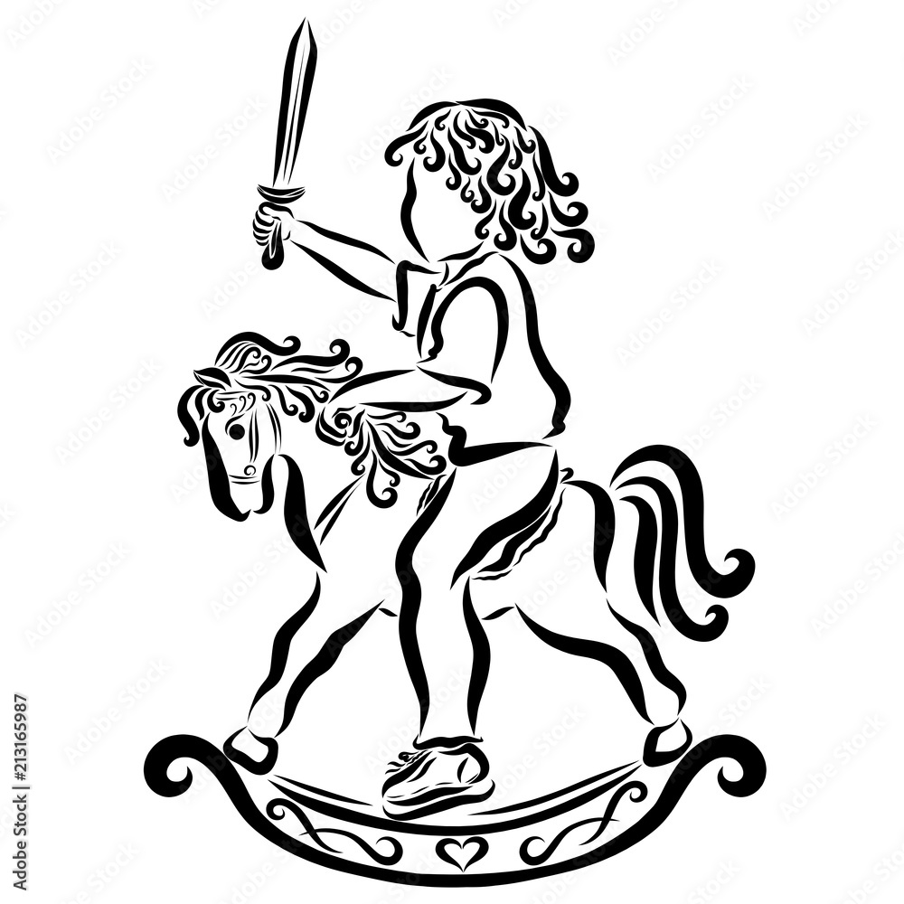 Fototapeta premium A little curly child with a sword on a rocking horse