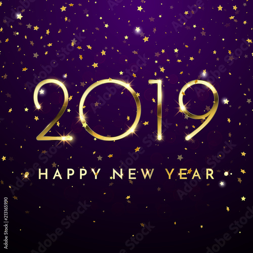 2019 Happy New Year of glitter gold confetti. Vector golden glittering text and numbers with sparkle shine for Christmas holiday greeting card on blue background