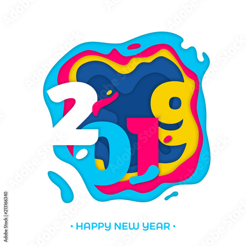 Happy New Year 2019 greeting card with paper cut effect of color multilayer vector numbers for Christmas holiday celebration background