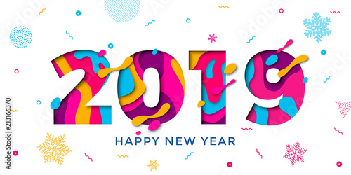 Happy New Year 2019 greeting card with paper cut snowflakes. Vector confetti decoration pattern of color multilayer numbers for Christmas holiday celebration background