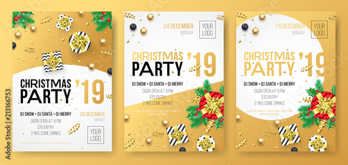 Christmas party invitation poster or card for 2019 Happy New Year holiday celebration. Vector design of golden confetti glitter and celebration gifts