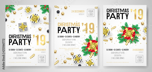 Christmas party invitation posters or flyers for 2019 New Year holiday celebration. Vector golden confetti glitter and present gifts on white background