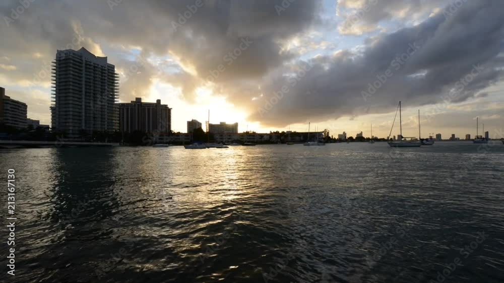 Sunset motion time lapse over Biscayne Bay in Miami, Florida, USA
